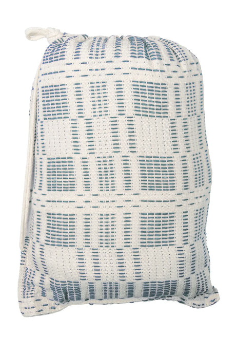 Textured bag with blue and white pattern on a white background