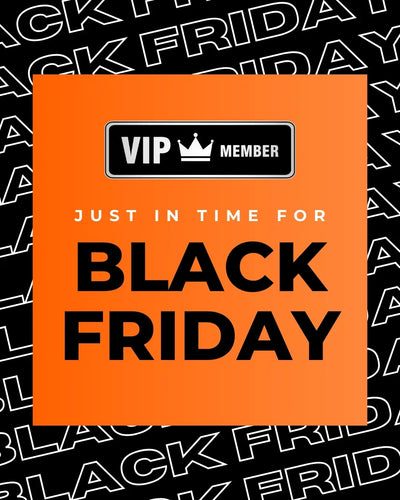 Orange card with 'VIP Member' badge and 'Black Friday' text on a Black Friday patterned background