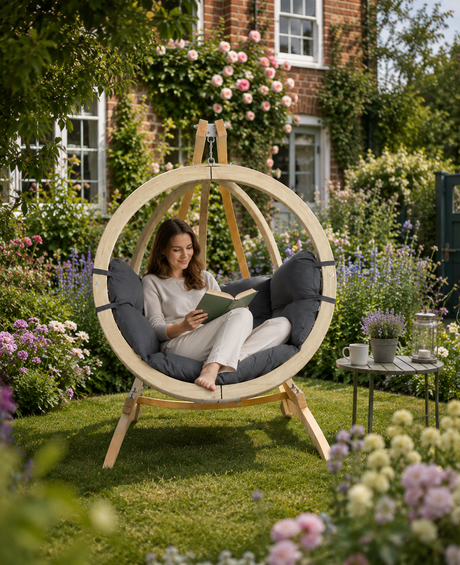 Woman reading a book in a circular wooden chair surrounded by flowers and greenery.