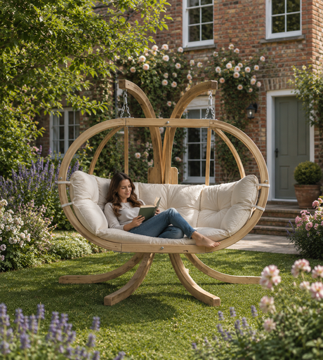 Person sitting in a hanging egg chair in a garden