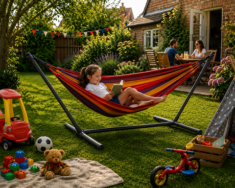 Child reading in a colorful hammock in a backyard with toys and a house in the background
