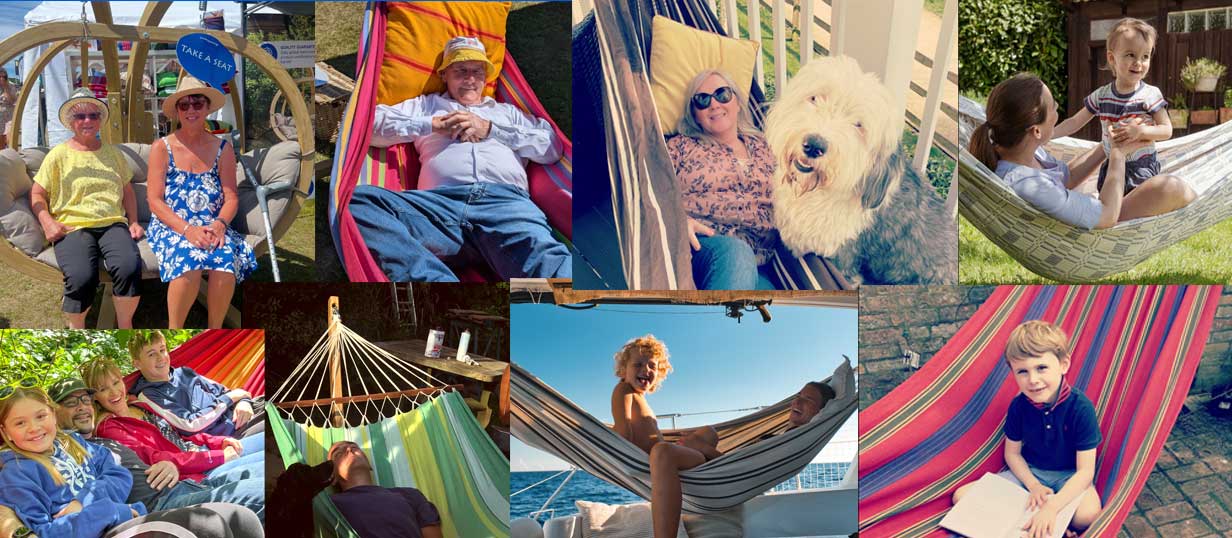 Collage of people using hammocks in various settings