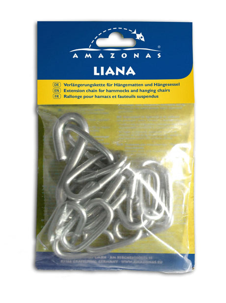 Packaged extension chain for hammocks with Amazonas branding on a white background