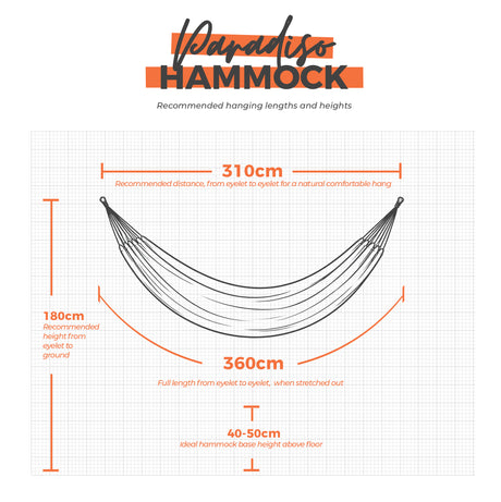 Paradiso hammock hanging dimensions on a white background.