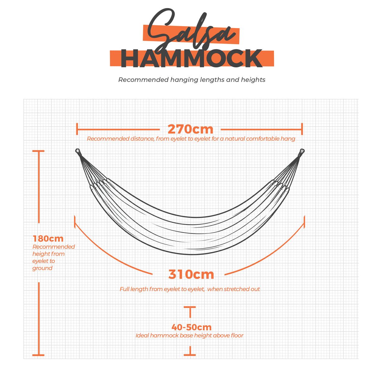 Salsa Hammock measurement chart with dimensions on a white background