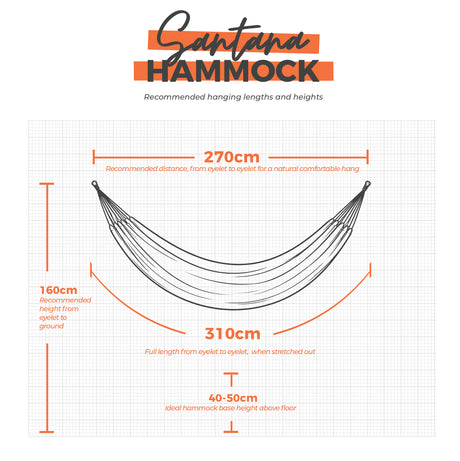Santana Hammock measurement chart with dimensions on a white background