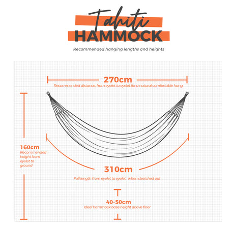 Tahiti Hammock size chart with dimensions on a white background
