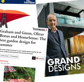 Advertisement for 'Grand Designs' featuring a man and outdoor furniture.