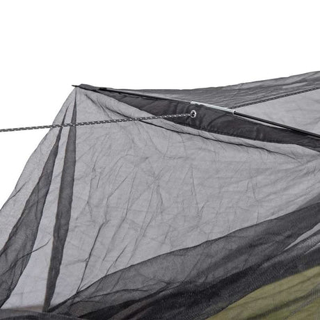 Close-up of a grey camping tarp with ropes on a white background