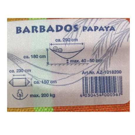 Label for Barbados Papaya hammock with dimensions and product details.