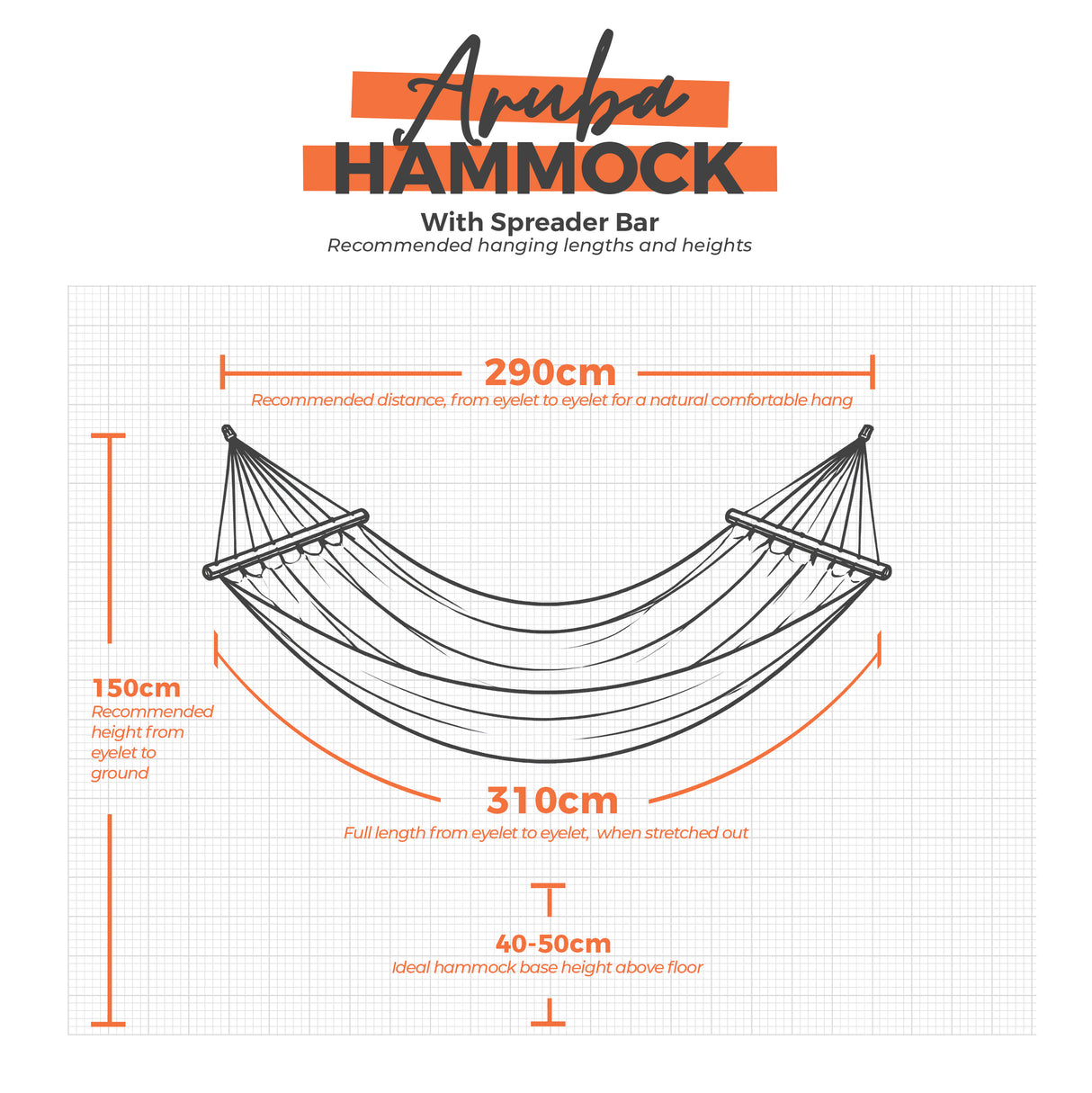 Aruba hammock hanging dimensions on a white grid background.