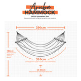 Aruba hammock hanging dimensions on a white grid background.