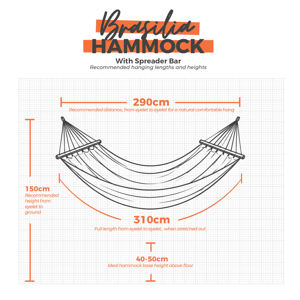 Brasilia Hammock with spreader bar dimensions on a grid background