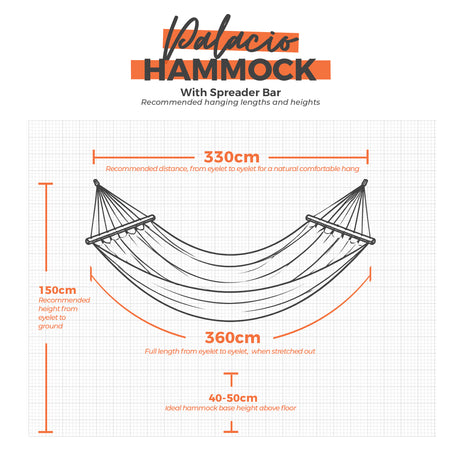 Palacio hammock hanging dimensions on a white grid background
