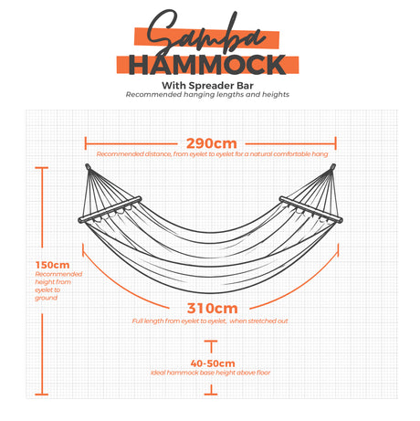 Samba Hammock with spreader bar and dimensions on a grid background