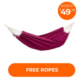Purple hammock with white ropes on a white background, featuring a price tag and a free ropes offer.