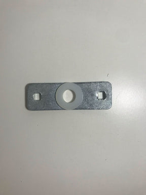 Metal bracket with a central circular hole on a light grey background