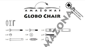Diagram of Amazonas Globo Chair assembly with parts and tools on a white background