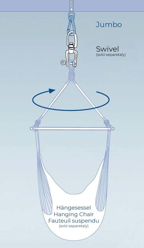 Diagram of a hanging chair with swivel mechanism on a light blue background