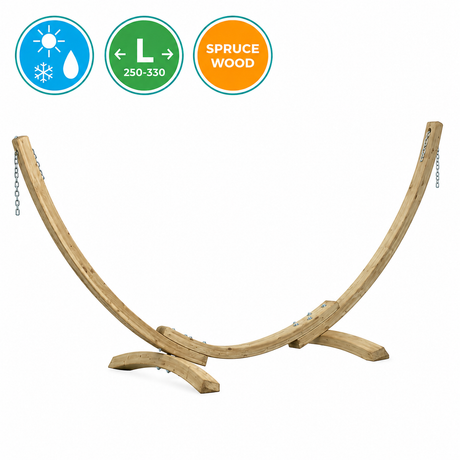 A curved natural spruce wood garden hammock stand on a white background, featuring three circular informational badges at the top left indicating freeze-thaw resistance up to 250-330 lbs and spruce wood material.
