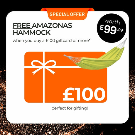 Amazonas gift card with a free hammock offer on a black background