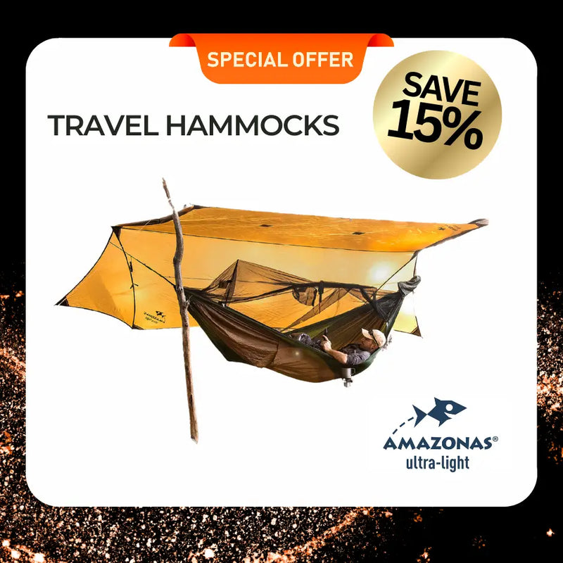Travel hammock with a special offer on a white background
