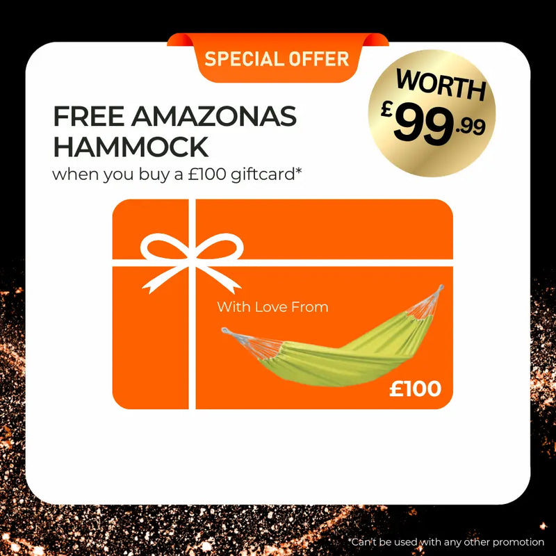 Amazonas hammock gift card with special offer text on a white background