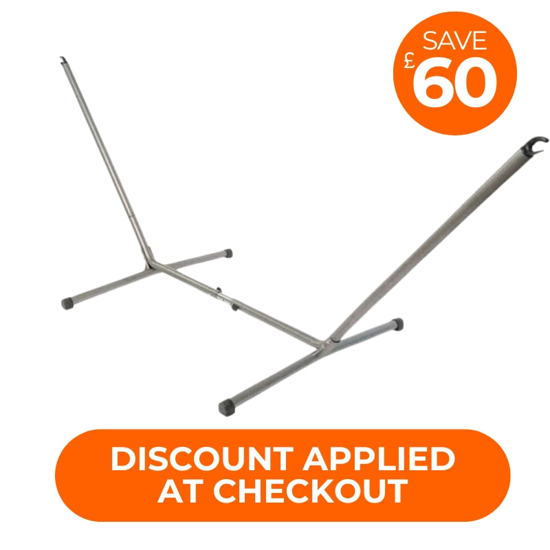 Metal stand with a discount message on a white background