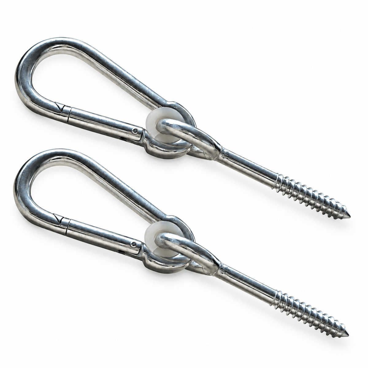 Two silver metal hanging hooks with threaded screws and white plastic retainers, shown on a plain white background.