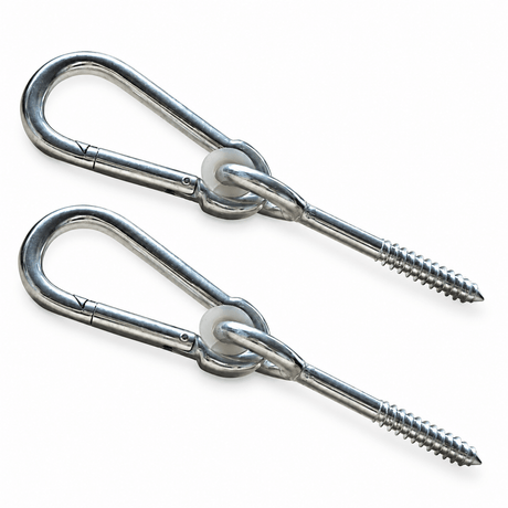 Two silver metal hanging hooks with threaded screws and white plastic retainers, shown on a plain white background.