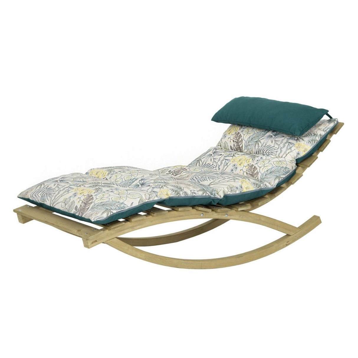 Wooden rocking chair with floral cushion on a white background