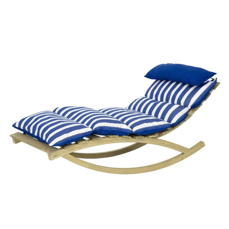 Rocking chair with blue and white striped cushions on a white background
