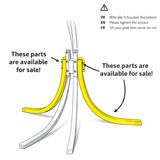Diagram of a metal frame with yellow curved parts, indicating where to tighten screws and highlighting available parts for sale.