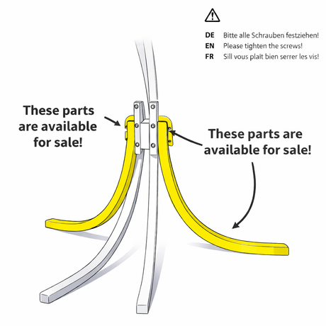 Diagram of a metal frame with yellow curved parts, indicating where to tighten screws and highlighting available parts for sale.