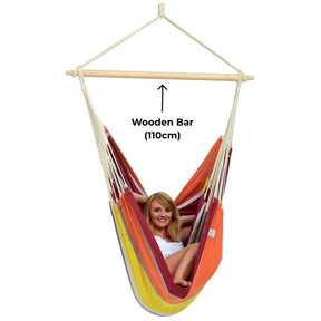 Colourful hammock chair with wooden bar labelled on a white background