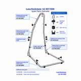 Spare parts overview diagram for a Luna Rockstone bicycle frame, showing the frame assembly with labeled replacement parts and included fasteners on a white background.