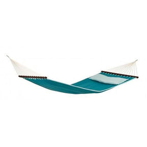 Teal hammock with white straps on a white background