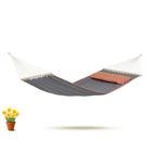 Grey hammock with a pink pillow on a white background