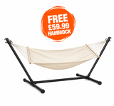 Beige hammock with black stand on a white background, featuring a free offer badge.