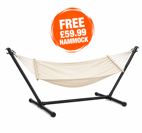 Beige hammock with black stand on a white background, featuring a free offer badge.