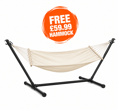 Beige hammock with black stand on a white background, featuring a free offer badge.