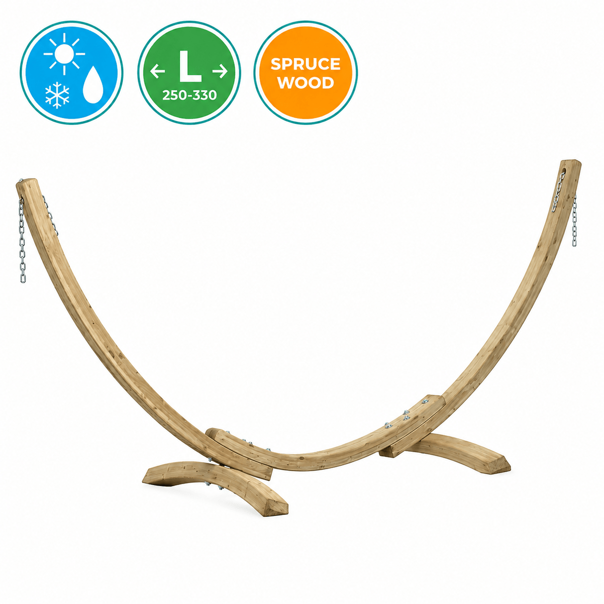 A curved natural spruce wood garden hammock stand on a white background, featuring three circular informational badges at the top left indicating freeze-thaw resistance up to 250-330 lbs and spruce wood material.