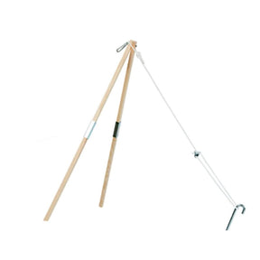 Wooden tripod with metal legs on a white background
