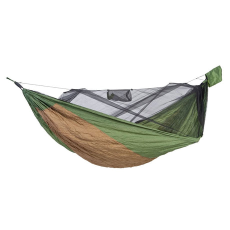 Green and brown camping hammock with mosquito net on a white background