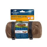 A rolled brown hammock with black straps, attached to a blue and orange Amazonas Ultra-Light Mosquito Traveller Pro retail card, on a plain white background.