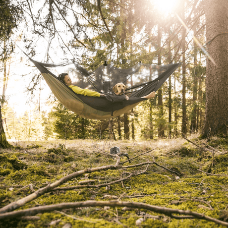 A person relaxes in a large hammock with a dog in a sunlit forest clearing, with trees, moss, and branches visible around them.