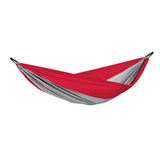 A two-tone red and grey camping hammock isolated on a solid white background. 