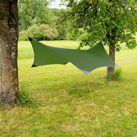 An olive green tarp shelter suspended between two trees in a grassy park setting.