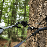 A close-up outdoor shot of a black carabiner attached to a black strap system wrapped around a tree trunk, with a blurred forest background.