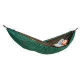 Person lying in a green and brown hammock Underquilt in front of a white background